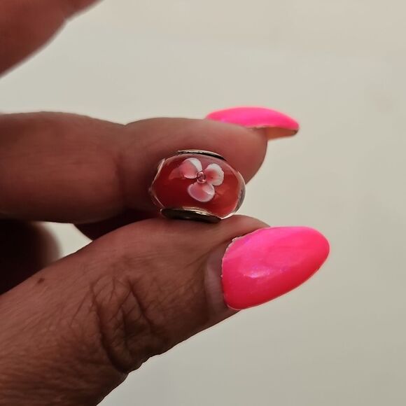 Murano Glass Bead Flower Charm 925 Burgandy - Picture 14 of 16